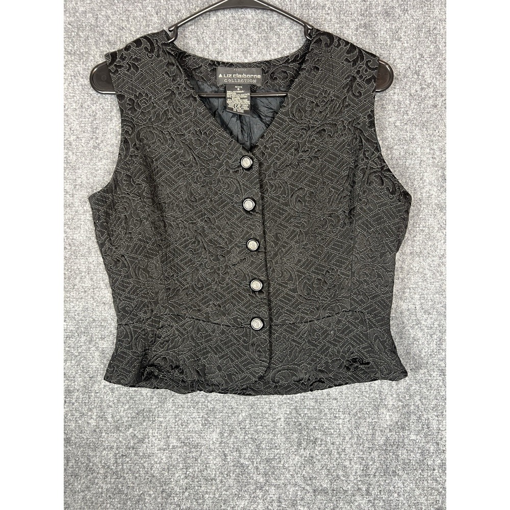 Liz Claiborne Collection Petite 6 Black Brocade Paisley Button Front Vest